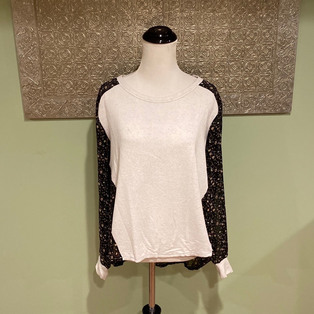 Anthropologie White Front Black Floral Raglan Sweatshirt